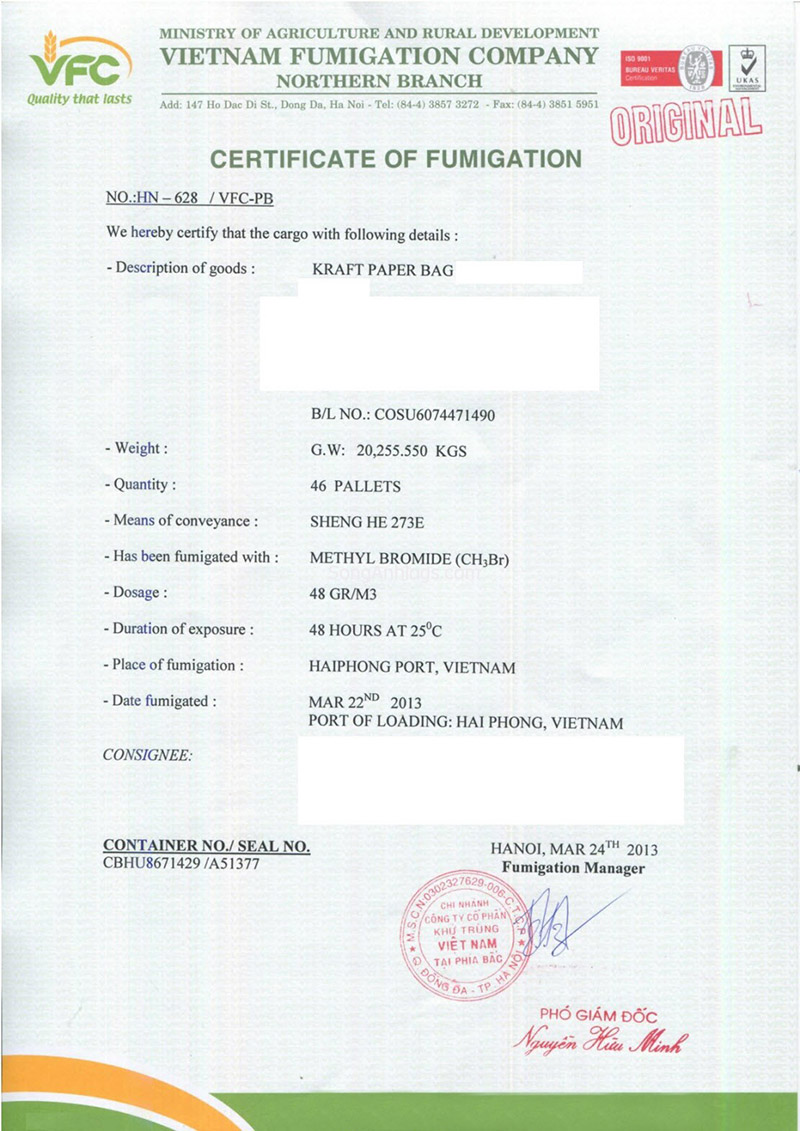 Certificate of Fumigation